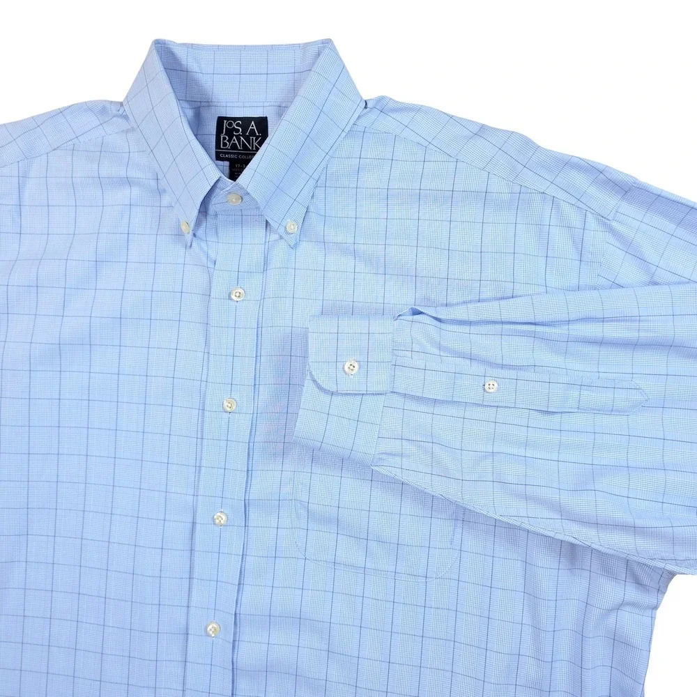 Jos. A. Bank Mens 17-34 Light Blue Windowpane Non-Iron Cotton Dress Shirt